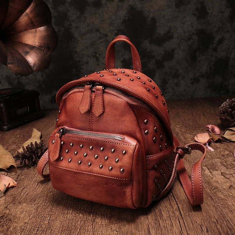Brown Vintage Leather Womens Backpacks Small Black Leather Backpack for Ladies