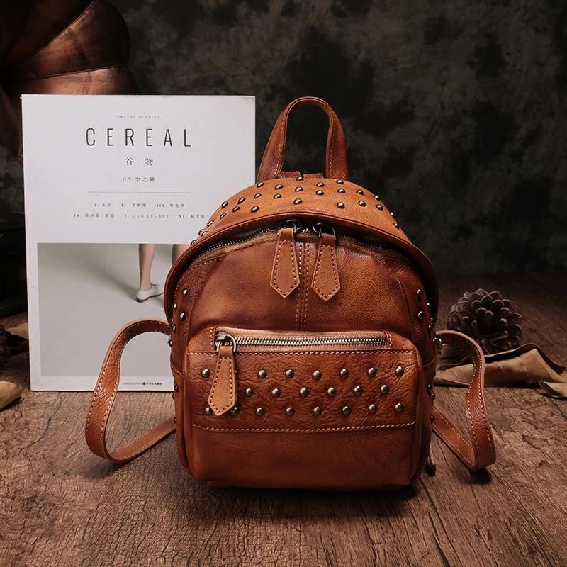Brown Vintage Leather Womens Backpacks Small Black Leather Backpack for Ladies