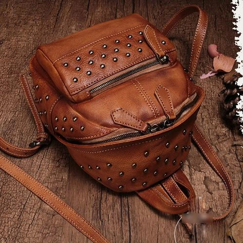 Brown Vintage Leather Womens Backpacks Small Black Leather Backpack for Ladies