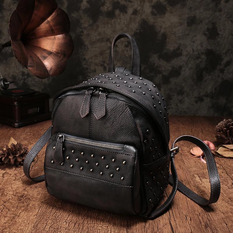Brown Vintage Leather Womens Backpacks Small Black Leather Backpack for Ladies