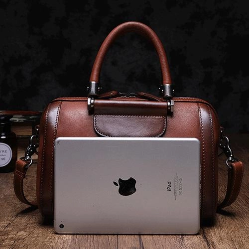 Brown Vintage Womens Leather Boston Handbag Purse Black Side Bag Boston Purse for Ladies