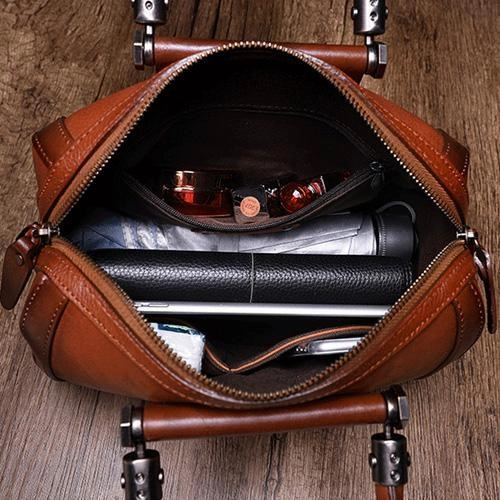 Brown Vintage Womens Leather Boston Handbag Purse Black Side Bag Boston Purse for Ladies
