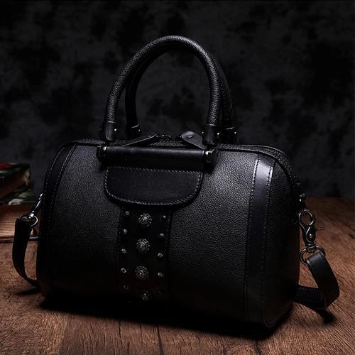 Brown Vintage Womens Leather Boston Handbag Purse Black Side Bag Boston Purse for Ladies