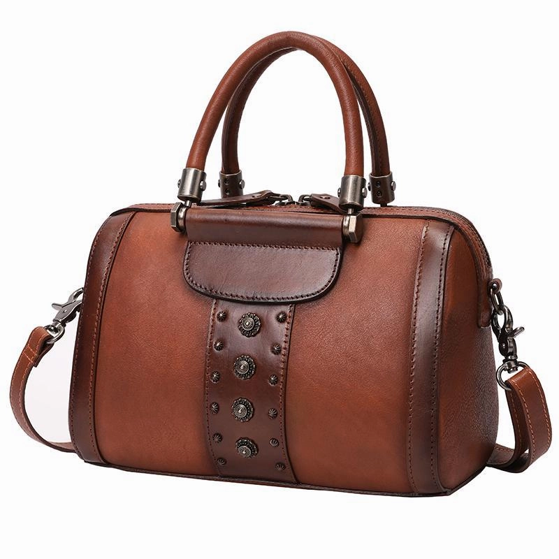Brown Vintage Womens Leather Boston Handbag Purse Black Side Bag Boston Purse for Ladies