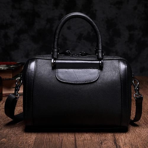 Brown Vintage Womens Leather Boston Handbag Purse Black Side Bag Boston Purse for Ladies
