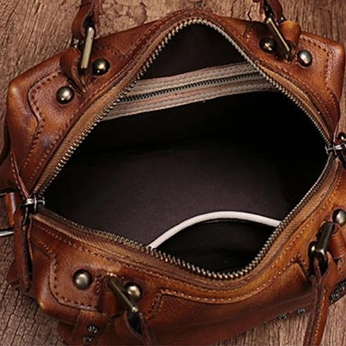 Brown Vintage Womens Leather Rivet Handbag Red Side Bag Satchel Bag Purse for Ladies
