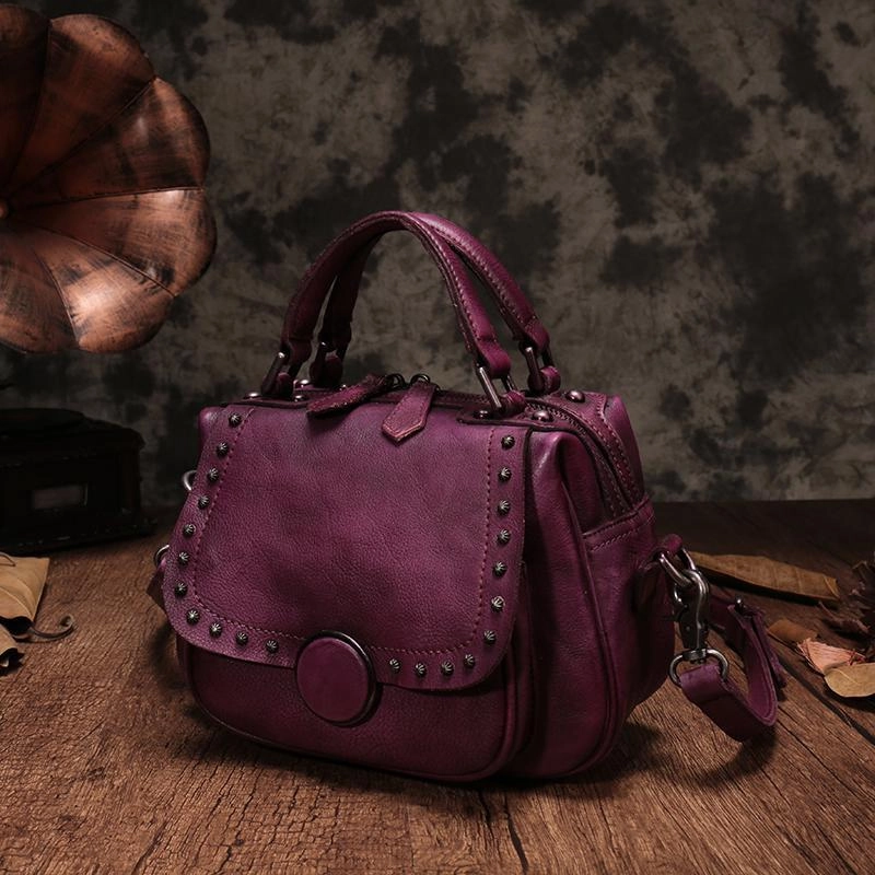 Brown Vintage Womens Leather Rivet Handbag Red Side Bag Satchel Bag Purse for Ladies