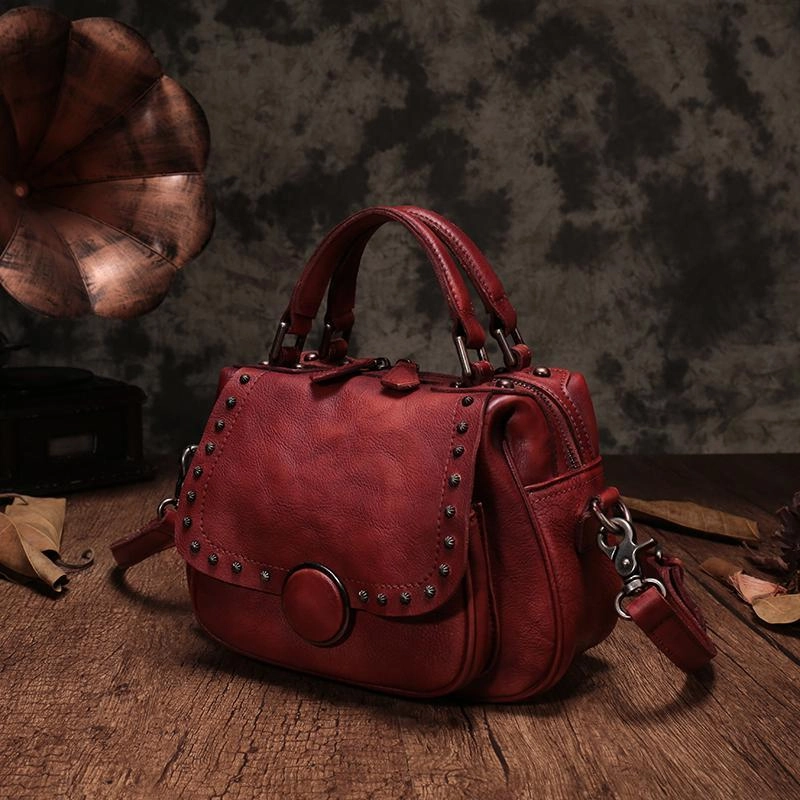 Brown Vintage Womens Leather Rivet Handbag Red Side Bag Satchel Bag Purse for Ladies