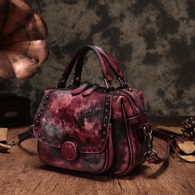 Brown Vintage Womens Leather Rivet Handbag Red Side Bag Satchel Bag Purse for Ladies