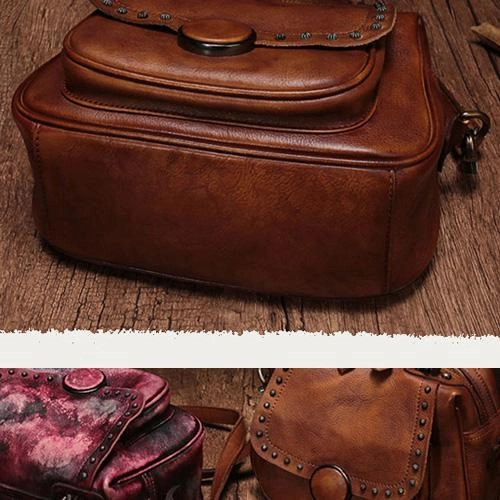 Brown Vintage Womens Leather Rivet Handbag Red Side Bag Satchel Bag Purse for Ladies