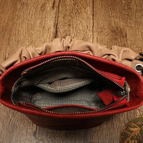 Brown Womens Leather Small Bucket Handbag Red Small Barrel Shoulder Purse for Ladies