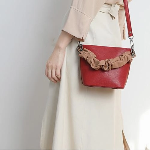 Brown Womens Leather Small Bucket Handbag Red Small Barrel Shoulder Purse for Ladies