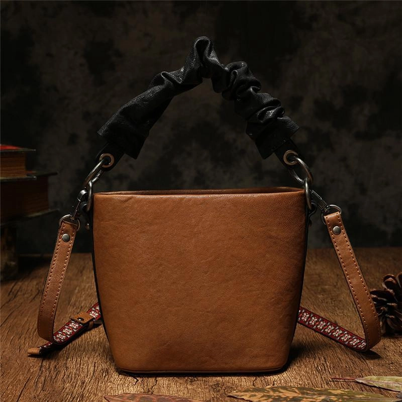 Brown Womens Leather Small Bucket Handbag Red Small Barrel Shoulder Purse for Ladies