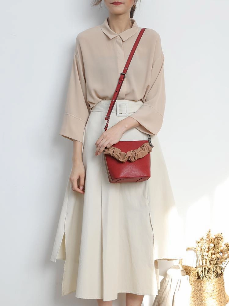 Brown Womens Leather Small Bucket Handbag Red Small Barrel Shoulder Purse for Ladies
