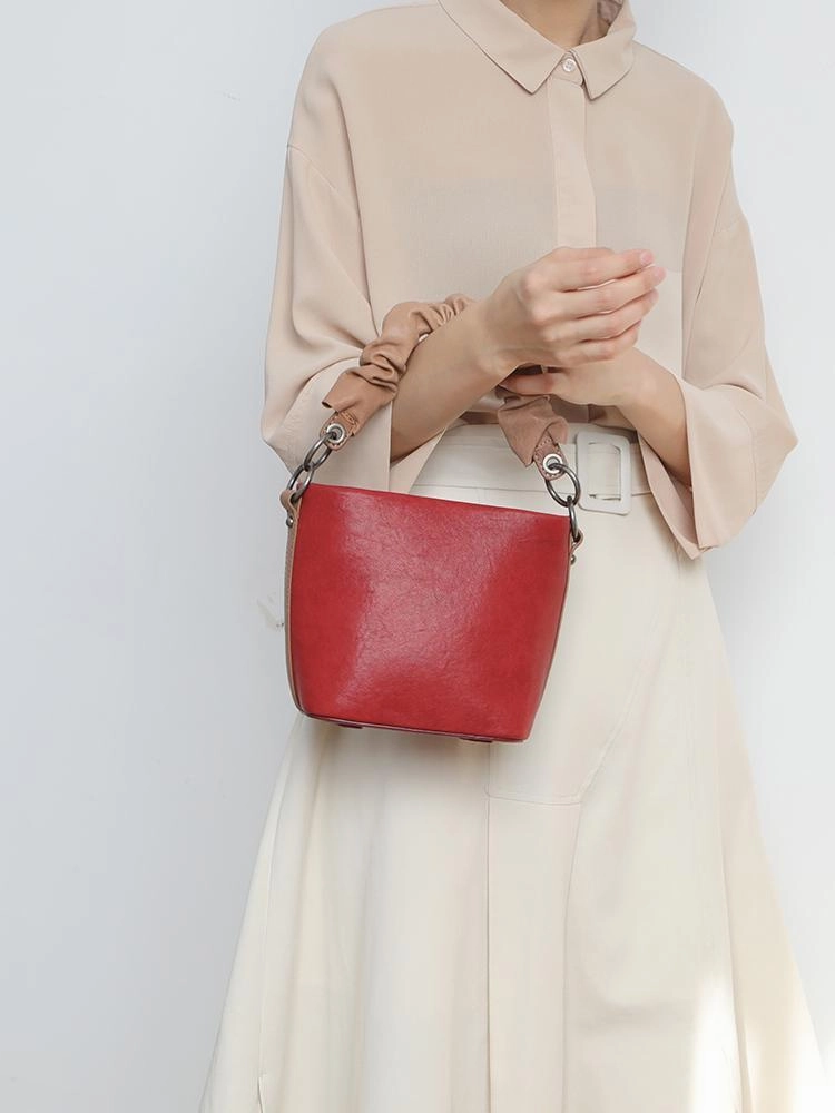 Brown Womens Leather Small Bucket Handbag Red Small Barrel Shoulder Purse for Ladies
