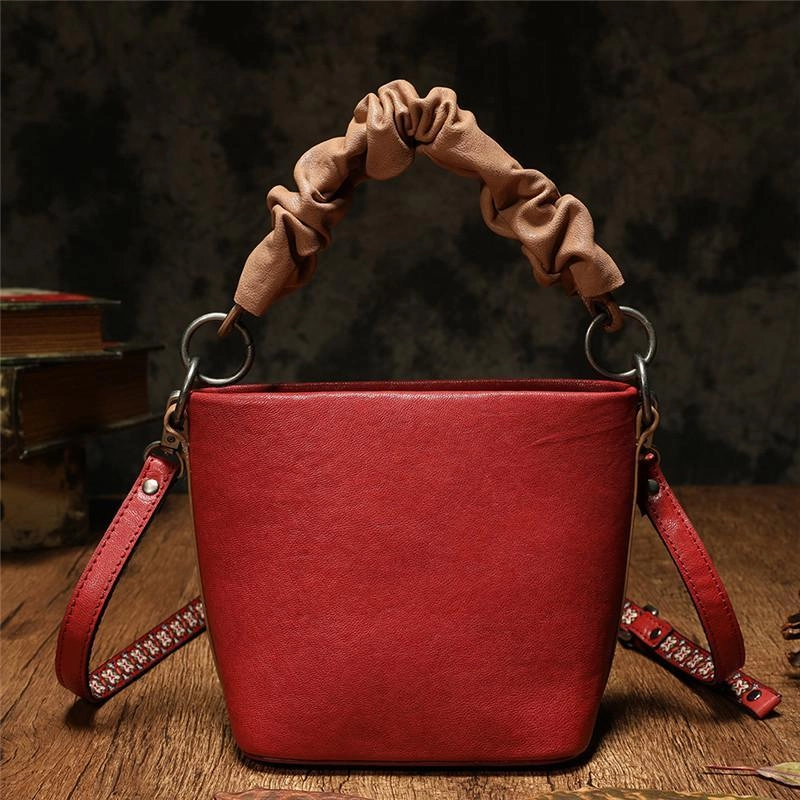 Brown Womens Leather Small Bucket Handbag Red Small Barrel Shoulder Purse for Ladies