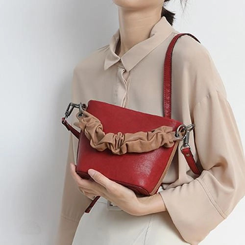 Brown Womens Leather Small Bucket Handbag Red Small Barrel Shoulder Purse for Ladies