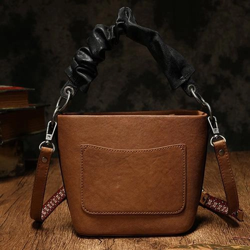 Brown Womens Leather Small Bucket Handbag Red Small Barrel Shoulder Purse for Ladies