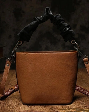 Brown Womens Leather Small Bucket Handbag Red Small Barrel Shoulder Purse for Ladies
