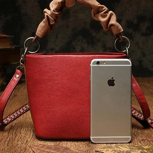 Brown Womens Leather Small Bucket Handbag Red Small Barrel Shoulder Purse for Ladies