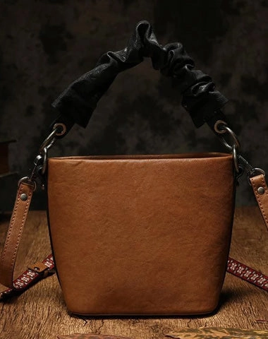 Brown Womens Leather Small Bucket Handbag Red Small Barrel Shoulder Purse for Ladies