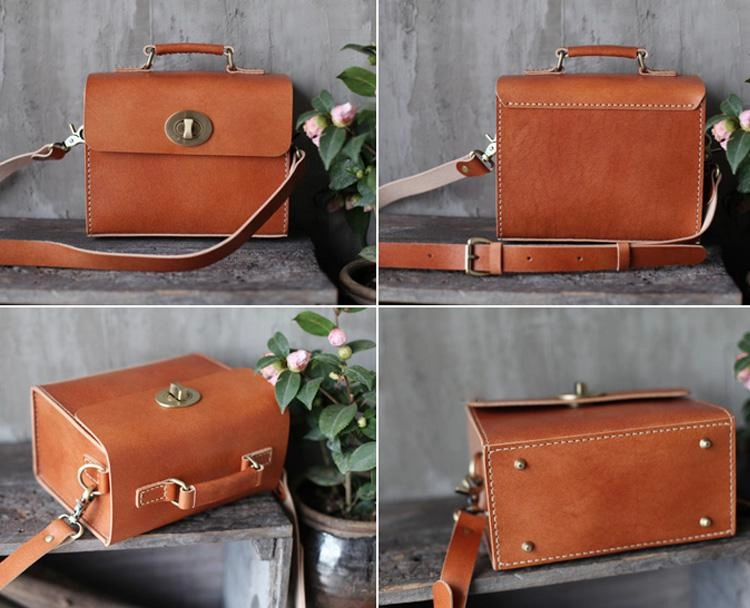 Brown Womens Leather Square Satchel Side Bag School Bag Handle Satchel Handbag Purse Bag