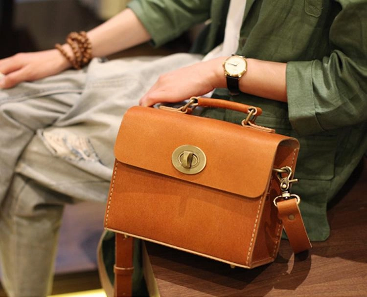 Brown Womens Leather Square Satchel Side Bag School Bag Handle Satchel Handbag Purse Bag