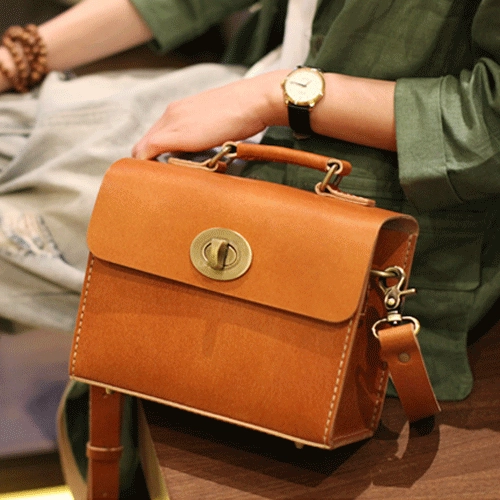 Brown Womens Leather Square Satchel Side Bag School Bag Handle Satchel Handbag Purse Bag