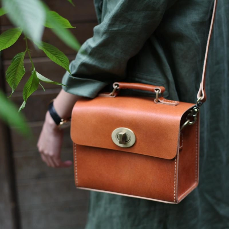 Brown Womens Leather Square Satchel Side Bag School Bag Handle Satchel Handbag Purse Bag