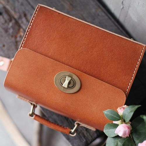 Brown Womens Leather Square Satchel Side Bag School Bag Handle Satchel Handbag Purse Bag