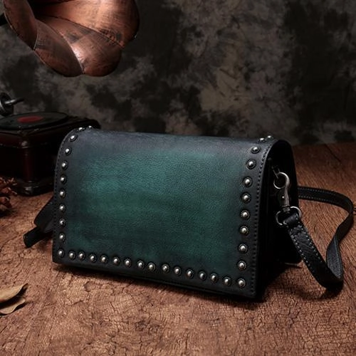 Brown Womens Vintage Leather Shoulder Purse Studded Green Small Side Bag Purse for Ladies