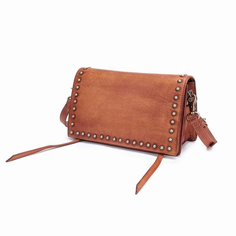 Brown Womens Vintage Leather Shoulder Purse Studded Green Small Side Bag Purse for Ladies