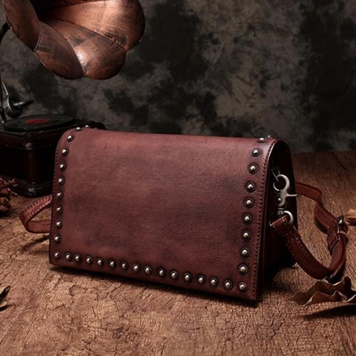 Brown Womens Vintage Leather Shoulder Purse Studded Green Small Side Bag Purse for Ladies