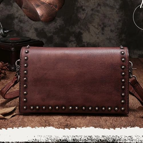 Brown Womens Vintage Leather Shoulder Purse Studded Green Small Side Bag Purse for Ladies