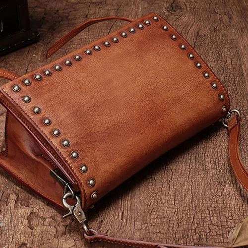 Brown Womens Vintage Leather Shoulder Purse Studded Green Small Side Bag Purse for Ladies