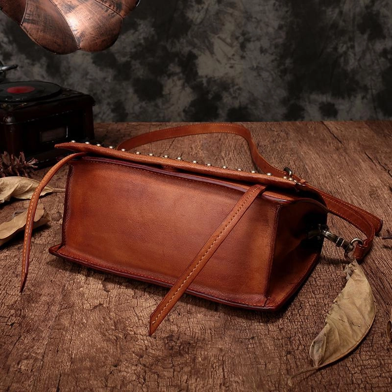 Brown Womens Vintage Leather Shoulder Purse Studded Green Small Side Bag Purse for Ladies