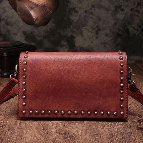 Brown Womens Vintage Leather Shoulder Purse Studded Green Small Side Bag Purse for Ladies
