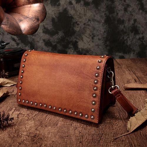 Brown Womens Vintage Leather Shoulder Purse Studded Green Small Side Bag Purse for Ladies