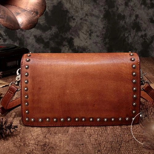 Brown Womens Vintage Leather Shoulder Purse Studded Green Small Side Bag Purse for Ladies