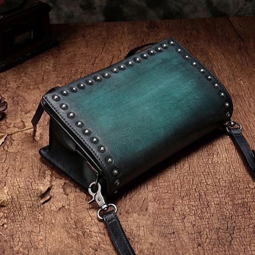 Brown Womens Vintage Leather Shoulder Purse Studded Green Small Side Bag Purse for Ladies