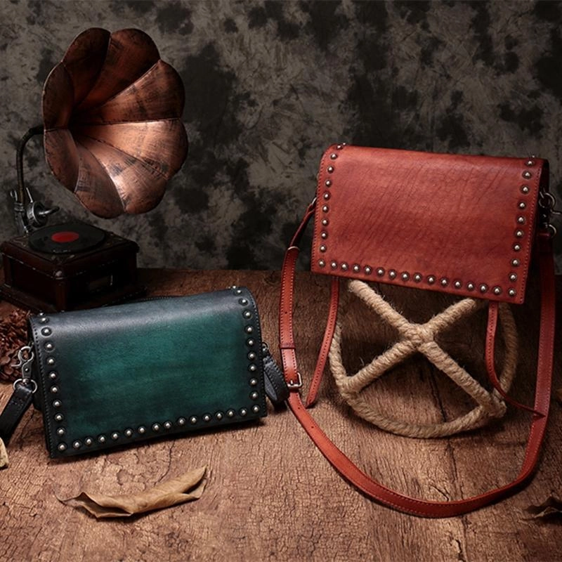 Brown Womens Vintage Leather Shoulder Purse Studded Green Small Side Bag Purse for Ladies