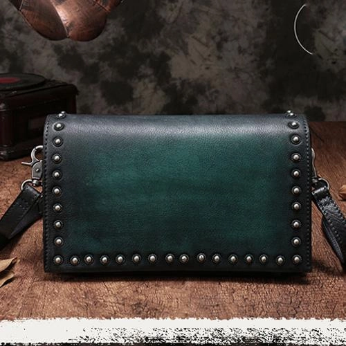 Brown Womens Vintage Leather Shoulder Purse Studded Green Small Side Bag Purse for Ladies