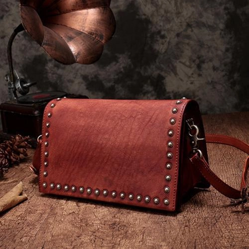 Brown Womens Vintage Leather Shoulder Purse Studded Green Small Side Bag Purse for Ladies