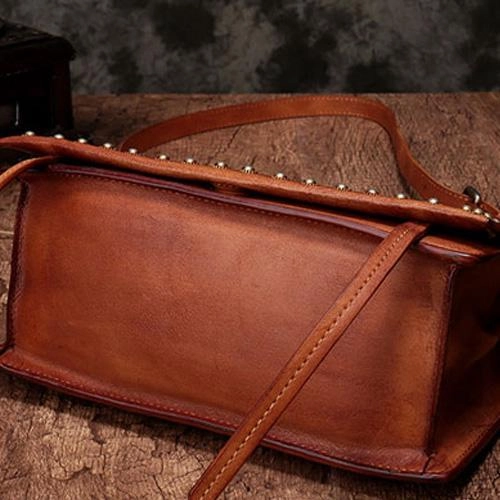 Brown Womens Vintage Leather Shoulder Purse Studded Green Small Side Bag Purse for Ladies