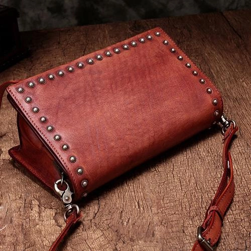 Brown Womens Vintage Leather Shoulder Purse Studded Green Small Side Bag Purse for Ladies