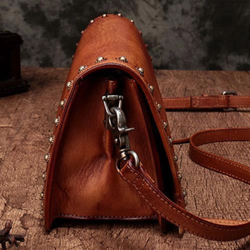 Brown Womens Vintage Leather Shoulder Purse Studded Green Small Side Bag Purse for Ladies