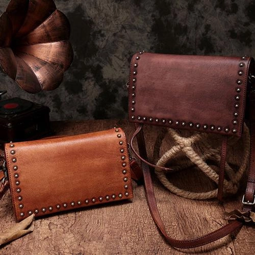 Brown Womens Vintage Leather Shoulder Purse Studded Green Small Side Bag Purse for Ladies