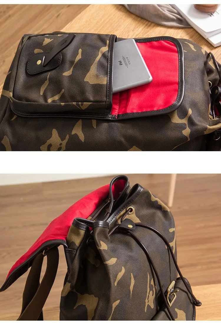 Camouflage Canvas Leather Mens Large 14'' Laptop Backpack College Backpack Hiking Backpack for Men