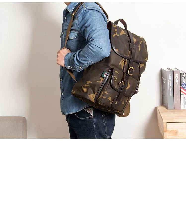 Camouflage Canvas Leather Mens Large 14'' Laptop Backpack College Backpack Hiking Backpack for Men