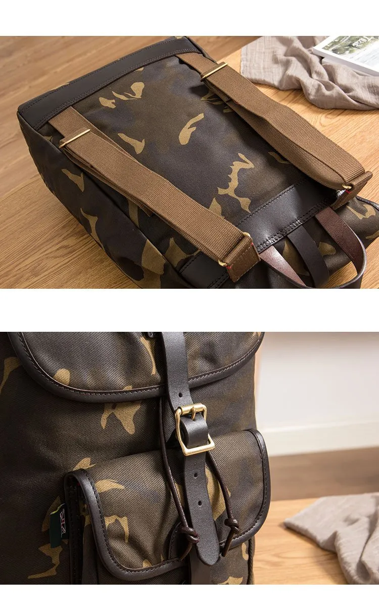 Camouflage Canvas Leather Mens Large 14'' Laptop Backpack College Backpack Hiking Backpack for Men